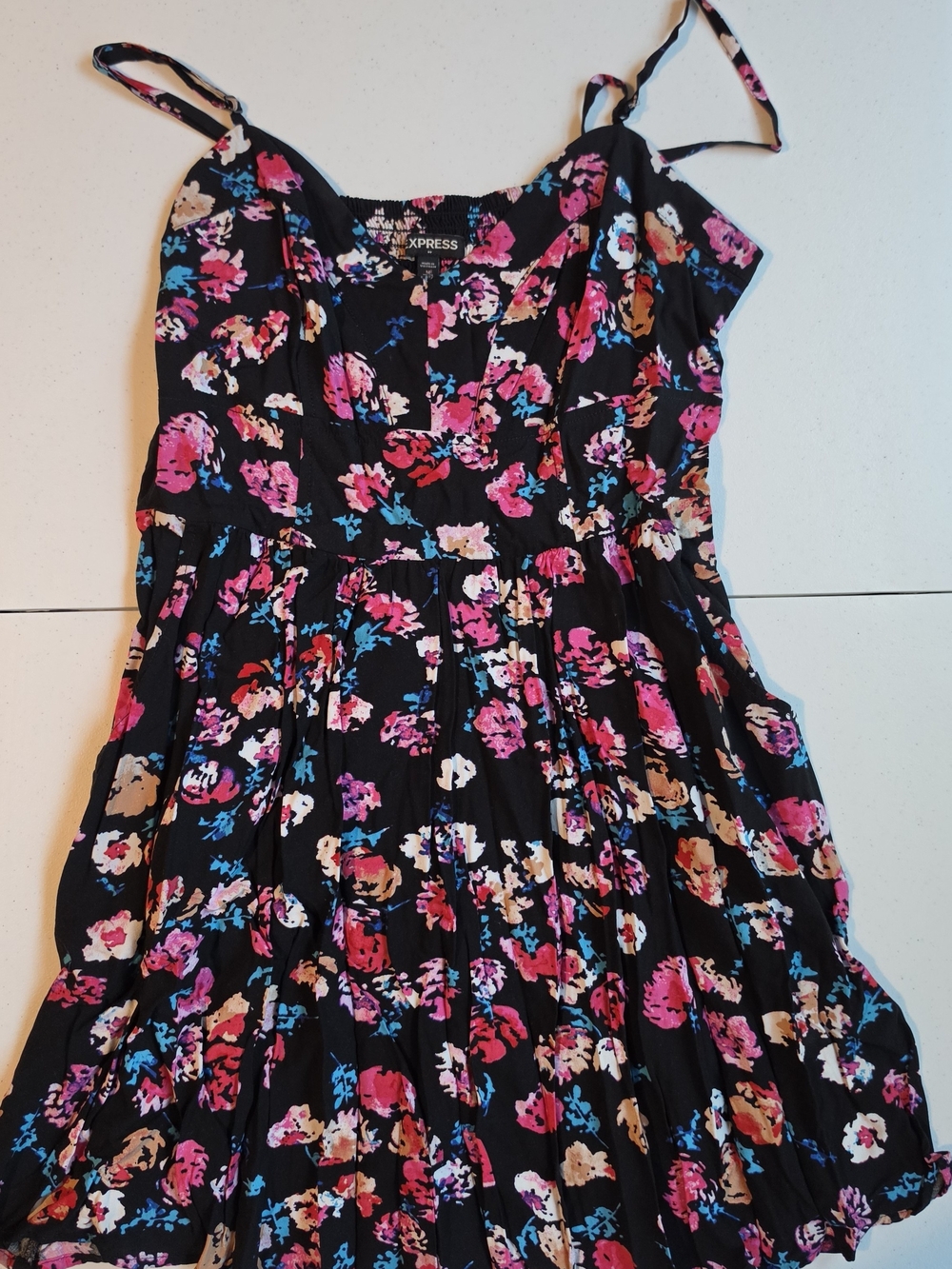 Express Black Floral Sundress with Pink & Blue Accents